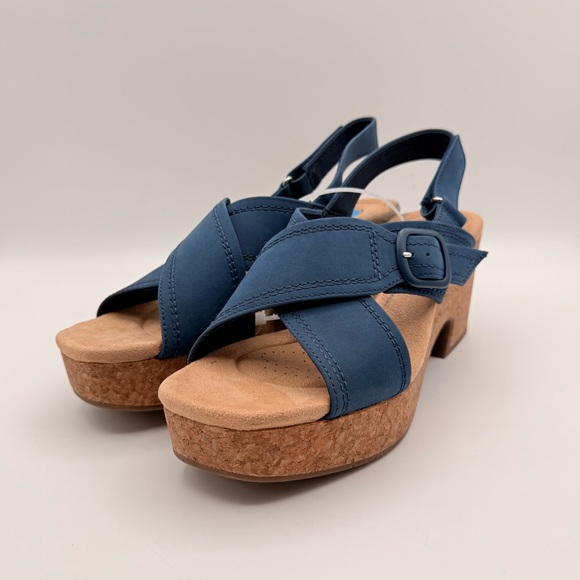 Clarks Shoes - Clarks NWT Blue Cork Wedge Sandals Slingback Platform Women’s Size 10